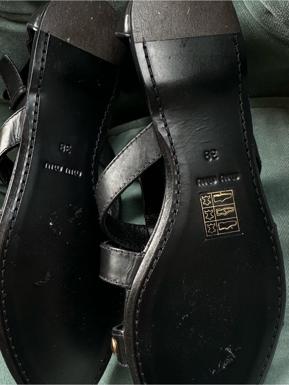 Miu Miu Black Leather Studded Gladiator Sandals with Gold Accents - Picture 14 of 14